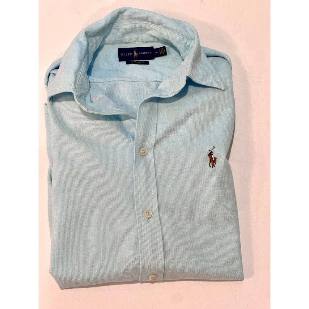 Ralph Lauren Knit Oxford Shirt Mens M Slim Light Blue Pony 100% Cotton 18x26 - Picture 3 of 13